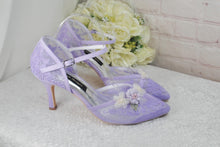 Load image into Gallery viewer, Pastel Lilac Bridal Sandals: Embroidered 3D Flower Kitten Heel Shoes UK7/US9.5
