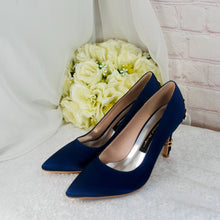 Load image into Gallery viewer, Navy Satin Heels: Silver Floral Cherry Blossom Embellishment
