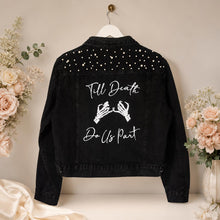 Load image into Gallery viewer, Till Death Personalised Bridal Denim Jacket, Bride to Be Black Wedding Dress Top
