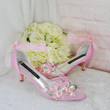 Load image into Gallery viewer, Pink Embroidered Heels, Flower Bridal Shoes, Kitten Heel Wedding Shoe - UK6/US8.5
