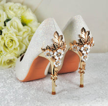 Load image into Gallery viewer, Ivory Shimmer Satin Bridal Heels: Handmade Cherry Blossom Wedding Shoes
