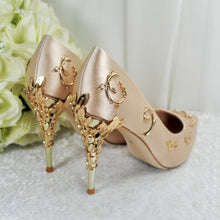 Load image into Gallery viewer, Champagne Satin Bridal Shoes: Gold Filigree Vine Wedding Heels
