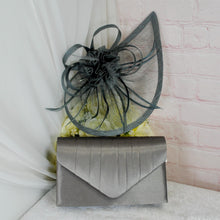 Load image into Gallery viewer, Pewter Dark Grey Satin Bridal Set: Block Heel Shoes, Clutch Bag &amp; Sinamay Fascinator
