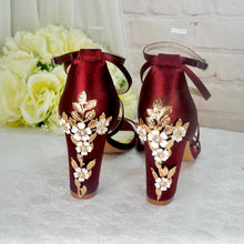 Load image into Gallery viewer, Burgundy Bridal Sandals | 8cm Block Heel Satin Wedding Shoes with Comfortable Cushioned Insoles • UK7/US9.5
