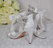 Load image into Gallery viewer, White Wedding Sandals - Handmade Bridal High Heels with Crystal Straps &amp; Ribbon Tie UK4/US6.5
