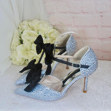 Load image into Gallery viewer, Luxury Silver Crystal Sandals with Black Velvet Bows
