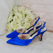 Load image into Gallery viewer, Royal Blue Satin Sling Back Heels, Clutch &amp; Fascinator Set: Handmade Wedding Guest Outfit
