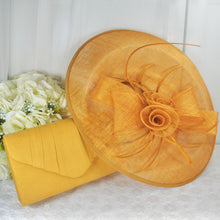 Load image into Gallery viewer, Mustard Yellow Large Fascinator Hat &amp; Vegan Suede Clutch Bag Set
