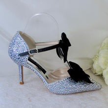 Load image into Gallery viewer, Luxury Silver Crystal Sandals with Black Velvet Bows
