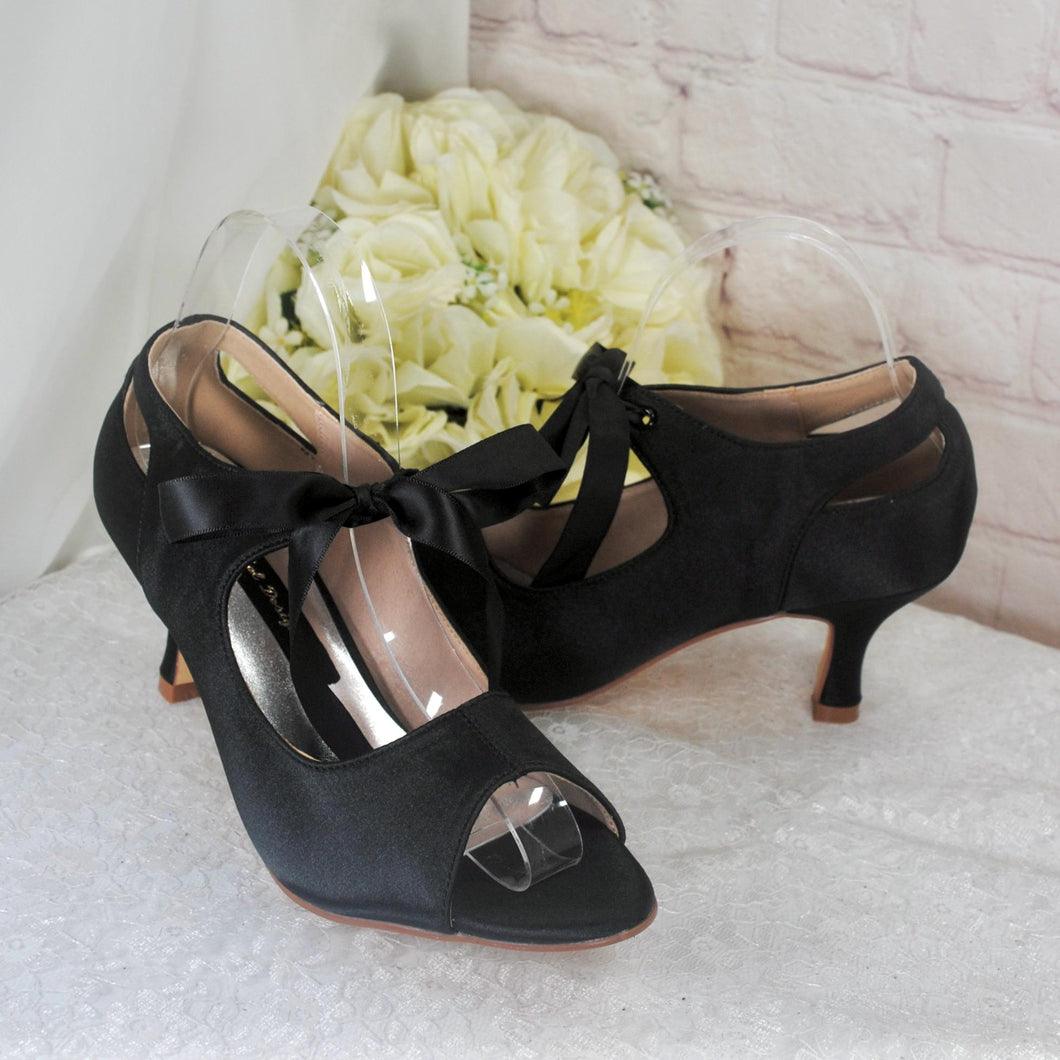 Black Satin Mary Jane Heels – Vintage Bridal Booties with Ribbon Tie & Cushioned Insoles UK5/US7.5