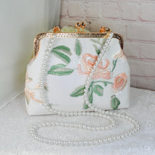 Load image into Gallery viewer, Vintage Style Wild Rose Embroidered Handbag Floral Embroidery Gold Trim Clasp Bag Purse Clutch Stunning UK Handmade Accessory Wedding Bride
