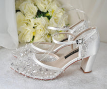 Load image into Gallery viewer, LAST ONE - Handmade Beaded Block Heel Bridal Sandals: Ivory Satin Shoes UK6/US8.5

