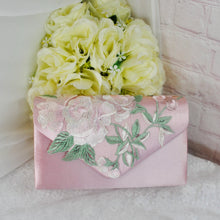 Load image into Gallery viewer, Pink Satin Bridal Set: Embroidered Heels, Clutch, Fascinator
