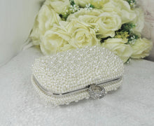 Load image into Gallery viewer, Handmade Ivory Pearl Clutch Bag: Silver Hardware Wedding Purse
