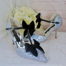 Load image into Gallery viewer, Luxury Silver Crystal Sandals with Black Velvet Bows
