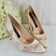 Load image into Gallery viewer, Champagne Satin Bridal Shoes: Gold Filigree Vine Wedding Heels
