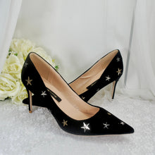 Load image into Gallery viewer, Black or Navy Velvet Celestial Bridal Shoes – Star Stiletto Heels
