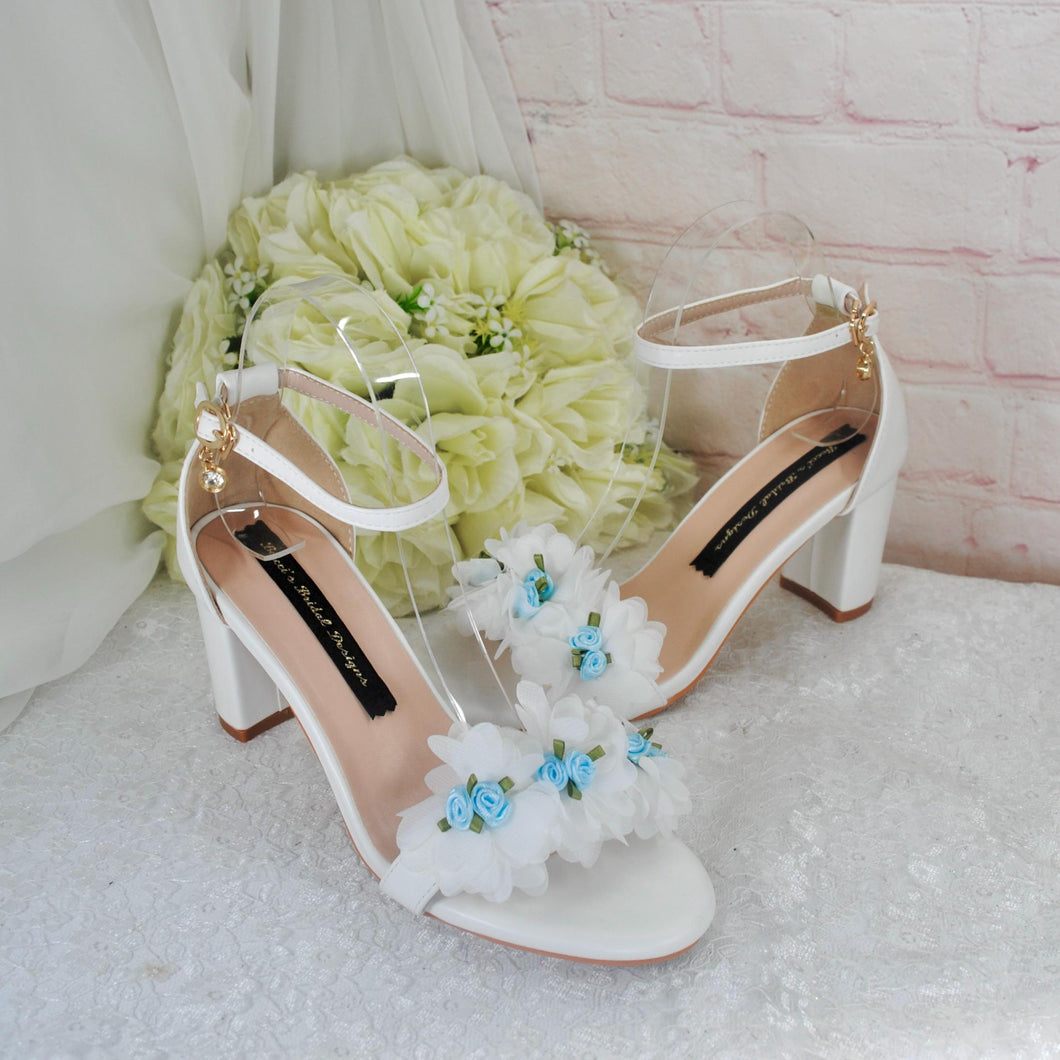 Block Heel Bridal White Sandals with Something Blue Floral Rose Details • UK5/US7.5