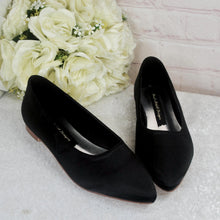 Load image into Gallery viewer, Black Satin Flat Shoes: Pointed Toe Ballet Flats
