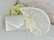 Load image into Gallery viewer, Ivory Satin Bridal Set: Slingback Heels, Clutch Bag, Sinamay Fascinator
