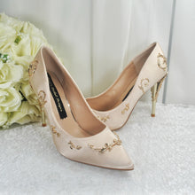 Load image into Gallery viewer, Champagne Satin Bridal Shoes: Gold Filigree Vine Wedding Heels
