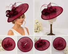 Load image into Gallery viewer, Handmade Burgundy Large Fascinator - Navy, Pink, Orange, Green Sinamay Hat
