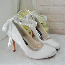 Load image into Gallery viewer, Ivory Lace Bridal Heels: Handmade Wedding Shoes with Pearl Ankle Strap • UK5 / US7.5
