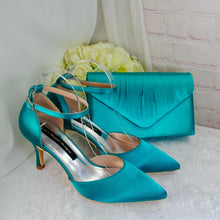 Load image into Gallery viewer, Teal Satin Bridal Set: Handmade Heels, Clutch Bag &amp; Fascinator
