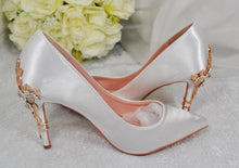 Load image into Gallery viewer, Ivory Satin Bridal Heels: Gold Cherry Blossom Wedding Shoes UK4/US6.5
