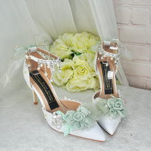 Load image into Gallery viewer, Bridal Floral Heels – Sage Green &amp; White Wedding High Heels with Ankle Strap • UK5 / US7.5
