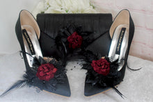 Load image into Gallery viewer, Black Gothic Bridal Set: Handmade Clutch, Sinamay Fascinator, Satin Stiletto Heel Shoes, Floral Rose
