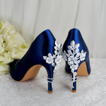 Load image into Gallery viewer, Navy Satin Heels: Silver Floral Cherry Blossom Embellishment
