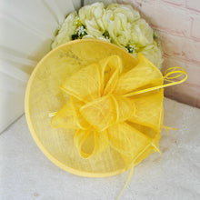 Load image into Gallery viewer, Yellow Satin Bridal Set: Shoes, Clutch Bag &amp; Sinamay Fascinator Hat
