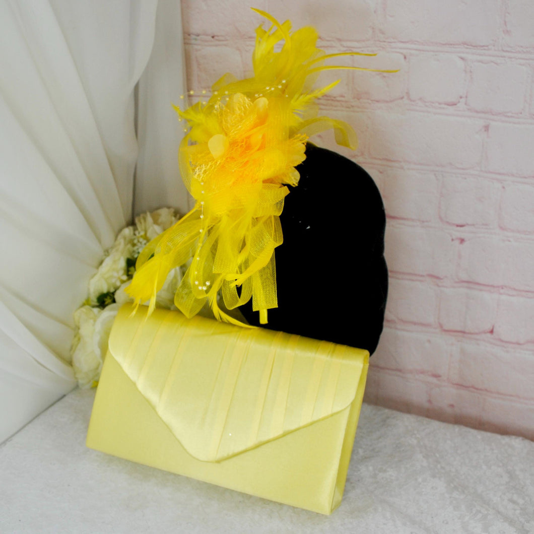Yellow Fascinator and Clutch Bag Set: Handmade Satin Wedding Outfit