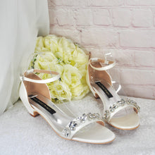 Load image into Gallery viewer, Ivory Satin Wedding Sandals: Low Block Heel Bridal Shoes with Ankle Strap  • UK6/US8.5
