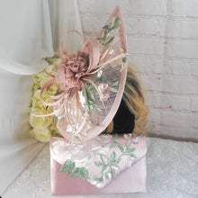 Load image into Gallery viewer, Pink Fascinator Hat and Clutch Bag Set: Floral Embroidered Bridal Hatinator
