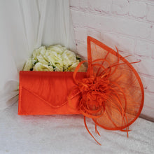 Load image into Gallery viewer, Orange Satin Clutch Bag and Fascinator Set, Handmade Bridal Hatinator
