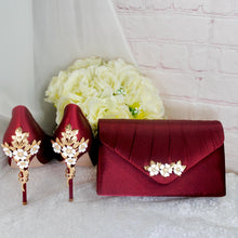 Load image into Gallery viewer, Burgundy Red Satin Bridal Set: Heels, Clutch Bag &amp; Fascinator Hat
