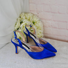 Load image into Gallery viewer, Royal Blue Satin Sling Back Heels, Clutch &amp; Fascinator Set: Handmade Wedding Guest Outfit
