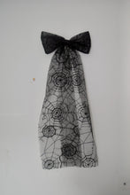 Load image into Gallery viewer, Halloween Bridal Bow – Handmade Cobweb Hair Bow | Sparkling Black Wedding Veil Alternative
