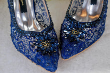 Load image into Gallery viewer, Navy Blue Satin Heels – Pointed Toe Stilettos with Lace and Crystal Embellishments UK4 / US6.5
