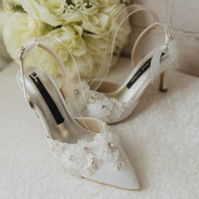 Load image into Gallery viewer, Bridal White Sling Back Heels: Handmade Satin Shoes with 3D Floral
