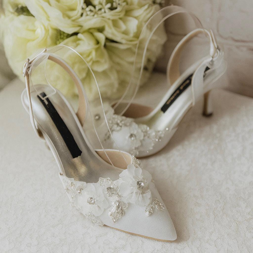 Bridal White Sling Back Heels: Handmade Satin Shoes with 3D Floral