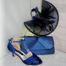 Load image into Gallery viewer, Navy Blue Satin Bridal Set: Heels, Clutch Bag &amp; Fascinator
