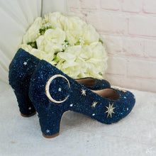 Load image into Gallery viewer, Navy Celestial Wedding Shoes – Glitter Moon &amp; Star Block Heels
