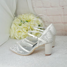 Load image into Gallery viewer, Ivory Satin Bridal Sandals: Embroidered Floral Block Heel, UK7/US9.5
