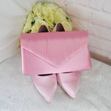 Load image into Gallery viewer, Pink Satin Bridal Set: Heels, Clutch, Fascinator - Handmade Wedding Guest Outfit
