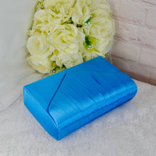 Load image into Gallery viewer, Blue Satin Clutch Bag &amp; Fascinator Set: Wedding Guest Hatinator
