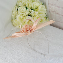 Load image into Gallery viewer, Champagne Satin Bridal Set: Handmade Clutch Bag &amp; Fascinator Hat
