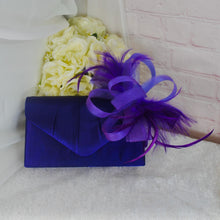 Load image into Gallery viewer, Purple Satin Fascinator and Clutch Bag Set: Handmade Wedding Outfit
